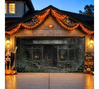 Haunted Bookstore Façade Halloween Garage Door Cover 157 x 71 pouces | Thème boutique hantée, drapeau de porte de garage, architecture vieillie, verdure envahie, décoration extérieure saisonnière