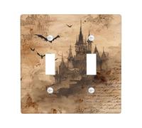 Haunted Castle Plaques d'interrupteur/de prise de courant, design gothique vintage marron pour décoration d'Halloween, plaques murales en thermoplastique, taille standard double à bascule