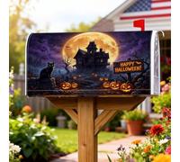 Haunted House Housse de boîte aux lettres magnétique pour décoration de pelouse Motif chat effrayant et citrouilles d'Halloween Orange 53,3 x 64,9 cm