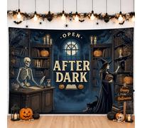 Haunted Library Toile de fond avec citation d'Halloween Sorcière 180 x 109 | Scène effrayante de bibliothèque, toile de fond pour photo, squelette et sorcière, esthétique gothique, thème livre vintage