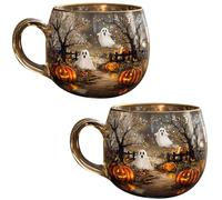 Haunted Path Lot de 2 tasses à café en verre résistant à la chaleur pour Halloween, motif fantôme effrayant, parfait pour le thé, le chocolat chaud et la décoration d'Halloween 350 ml