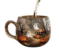 Haunted Path Tasse à café en verre peint avec motif de chats effrayants citrouilles fantôme, gobelet d'Halloween pour la maison, les adultes, les , les voyages, le lait, l'eau chaude
