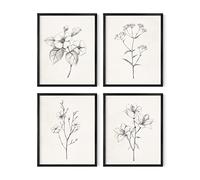 HAUS AND HUES Lot de 4 affiches murales florales grises pour mur vintage, impressions botaniques, images de fleurs noires et blanches pour chambre, esthétique, salle de bain de ferme, art rustique
