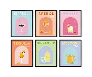 HAUS AND HUES Lot de 6 affiches danoises pastel d'alcool - Lot de 6 affiches de cocktail esthétiques, images préparées pour mur, affiches funky pour dortoir pour étudiantes, décoration murale de bar