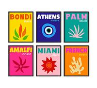 HAUS AND HUES Lot de 6 affiches de voyage - Affiches esthétiques pour chambre à coucher, affiches de destination, art mural de voyage tendance, impressions murales colorées, œuvres d'art, voyage,