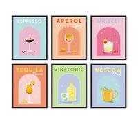 HAUS AND HUES Lot de 6 affiches pastel danoises à l'alcool - Lot de 6 affiches esthétiques de cocktail, images preppy pour mur, affiches funky pour dortoir pour étudiantes, décoration murale colorée