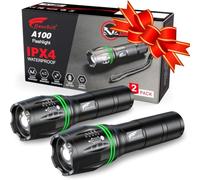HAUSBELL Lot de 2 lampes de poche LED 2000 lumens super lumineuses avec 5 modes, mise au point zoomable, alimentée par piles, lampe torche tactique résistante à l'eau pour camping, randonnée et