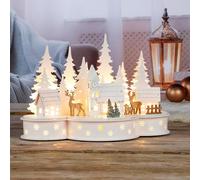 Haushalt International Ville de Noël 3D en bois avec éclairage LED - Village de Noël avec 10 LED blanc chaud - Fonctionne avec piles - Parfait comme décoration de Noël intérieure, décoration de table