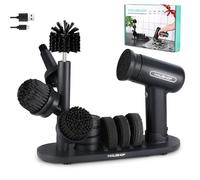 HAUSHOF Brosse de Nettoyage Électrique, Brosse Électrique à Batterie avec Support, Écran LCD, 3 Vitesses Réglables, 7 Têtes de Brosse et 1 Affûteur de Couteaux pour Nettoyer la Cuisine, Salle de Bain