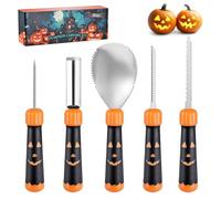 HAUSHOF Kit de Sculpture de Citrouille d'Halloween 5 Pièces, Outils Professionnels avec Cuillère, Scie, Perceuse, et Gouge à Motif, Couteaux en Acier Inoxydable pour DIY Halloween Décoration