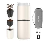 HAUSHOF Machine à Café Portable Pour-Over Tout-en-Un, Moulin Intégré, Mug Isotherme Indépendant 400 ml, Sans Fil, 4-en-1 Grind & Brew, Idéale pour Voyage et Camping, Blanc