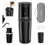HAUSHOF Machine à Café Portable Tout-en-Un avec Broyeur Intégré | 5 Réglages de Mouture, Rechargeable USB-C, Mug Isotherme 300 ml, Idéale pour Voyage et Camping, Noir