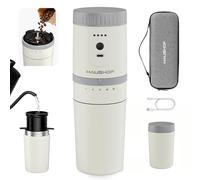HAUSHOF Machine à Café Portable Tout-en-Un avec Broyeur Intégré, 5 Réglages de Mouture, Rechargeable USB-C, Mug Isotherme 300 ml, Idéale pour Voyage et Camping, Blanc