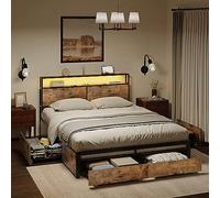 HAUSOURCE Cadre de lit complet avec finition laminée, tête de lit de rangement, lumières LED, butée en caoutchouc spécialisé et 4 tiroirs pour chambre à coucher