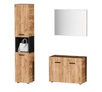 HAUSPROFI Ensemble de 3 garde-robes de couloir avec miroir, armoire à chaussures à double porte, long banc à chaussures, penderie et armoires de rangement, aspect bois, pour couloir et salle de bain