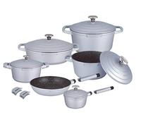 HAUSSMANN heritage® 15pièces Batterie de Cuisine,Haute qualités Revêtement façon Pierre- sans PFOA- poignée Amovible-Tous Feux Dont Induction adapté au Four (Gris, 15pièces)