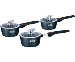HAUSSMANN Heritage Lot de 3 Casseroles (16/18/20cm) - Fonte d'Alu Façon Pierre - Manches Amovibles & Couvercles Verre - Anti-adhésif Sans PFOA - Tous Feux Induction,Four & Lave-vaisselle - Gain Place