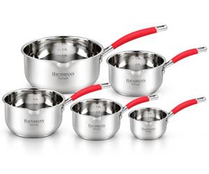 HAUSSMANN HERITAGE Série de 5 Casseroles Professionnelles en Acier Inoxydable, Set de Cuisine Induction Tout Feu (Ø 12/14/16/18/20cm), Batterie de Cuisine Inox avec Graduation Interne & Bords Verseurs