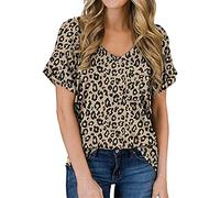 Haut à col en V et manches roulées pour femme - T-shirt plissé à imprimé floral - Chemisier décontracté ample pour femme - T-shirt imprimé à manches courtes et col en V - Chemisier d'été décontracté -