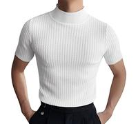 Haut à col Montant pour Homme, Chemise côtelée à col roulé à Manches Courtes et col Haut, Pull Thermique d'automne, Tops Blancs à col Montant pour Hommes, S