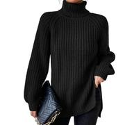 Haut à col roulé pour femme, pull surdimensionné avec fente sur le côté, pull en tricot épais, col haut, manches longues, pull à col roulé pour femme, Noir , M
