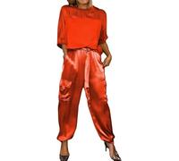 Haut à Demi-Manches en Satin Lisse pour Femmes Et Pantalon Ensemble Jogger Ensembles pour Femmes Tenue 2 Pièces Décontractée en Satin D’été, Red, XL
