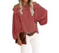 Haut à épaules dénudées pour femme avec imprimé floral - Manches longues - Sexy - Épaule dénudée - Chemisiers à col en V - Chemisier à épaules dénudées, c-rouge, XXL