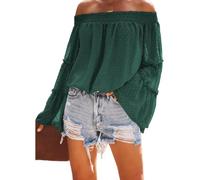 Haut à épaules dénudées pour femme - Imprimé à manches longues - Sexy - Chemise d'été évasée - En mousseline de soie - Épaules dénudées - Haut ample - Épaules dénudées - T-shirt à manches longues -