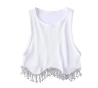 Haut à franges perlées Débardeur en tricot à ourlet perlé et diamant, coupe Slim, Camisole courte, gilet court for femmes(WHITE,S)
