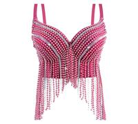 Haut à franges perlées Femmes discothèque hauts perles diamants broderie gland Bustier Corset haut court à porter Showgirls scène Costumes Camis(Rose Red,M)