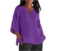 Haut à manches 3/4 en coton et lin avec col en V et fente latérale pour femme, chemisiers d'été grande taille, t-shirt uni respirant, t-shirt de plage, t-shirt décontracté, 2 x violet foncé, 34