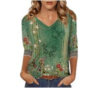 Haut à manches 3/4 pour femme avec col en V - T-shirt d'été décontracté vintage à imprimé floral - Hauts bohèmes - Tunique élégante - Chemisier tendance pour les vacances, A004 Vert, 42