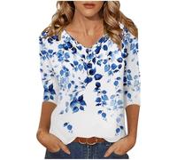 Haut à manches 3/4 pour femme avec col en V - T-shirt d'été décontracté vintage à imprimé floral - Hauts bohèmes - Tunique élégante - Chemisier tendance pour les vacances, A001 Bleu, 44