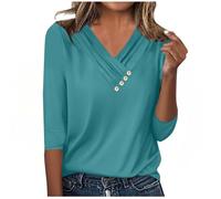 Haut à manches 3/4 pour femme - Col en V - Tunique à manches longues - T-shirt Henley à boutons - Haut élégant pour les vacances, le quotidien, le bureau, bleu ciel, L