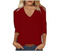 Haut à manches 3/4 pour femme - Couleur unie - Col en V - Manches trois-quarts - T-shirt d'été - Pour les vacances, les loisirs, la course, les adolescentes, les filles, les streetwear