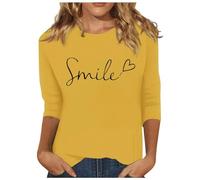 Haut à manches 3/4 pour femme, décontracté, coupe ample, col rond, tunique mignon et solide avec pantalon en satin trois quarts, jaune, XXL