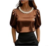Haut à manches courtes et col rond pour femme avec perles ornées de perles et col rond, couleur unie, chemisier tendance pour l'été, la rue, le t-shirt décontracté pour les vacances, blanc (L, couleur