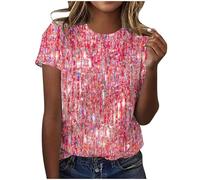 Haut à manches courtes pour femme - Imprimé à paillettes - Col rond - Décontracté - Pour les fêtes et les soirées, rose, M