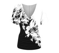 Haut à manches courtes pour femme - Solide - Classique - Pour sortir, travail, bureau - Élégant - Col en V croisé - Plissé - Basique - Longline - Léger - Tenue d'été, 06# Noir, 36