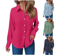 Haut à manches longues en coton boutonné pour femme - Col roulé - T-shirt ample surdimensionné à manches longues - Chemisier habillé pour le bureau - Grande taille, rose vif, M