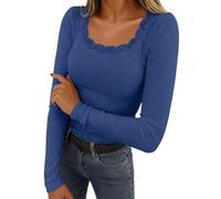 Haut à manches longues en maille côtelée avec bordure en dentelle et col rond pour femme, bleu, XXL