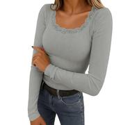 Haut à manches longues en maille côtelée avec bordure en dentelle et col rond pour femme, gris, M