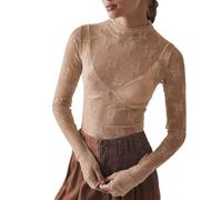 Haut à manches longues en maille pour femme - Tendance - Broderie florale - Transparente - Col montant - Tunique florale transparente - Superposition en dentelle - Pour femme, café, M