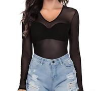 Haut à manches longues en maille transparente pour femme - Col en V - Couleur unie - Décontracté - Vacances - Plage - Pour l'été, le cyclisme, le yoga - Coupe régulière - Tendance (L noir)