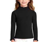 Haut à Manches Longues Fille Tricot côtelé Col Rond - Bord Lettuce Volants Épaules, Haut Mince Détendu Couches, Trendy et Doux pour Enfance Active(Black, 5-6 Years)
