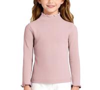 Haut à Manches Longues Fille Tricot côtelé Col Rond - Bord Lettuce Volants Épaules, Haut Mince Détendu Couches, Trendy et Doux pour Enfance Active(Pink, 7-8 Years)