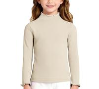 Haut à Manches Longues Fille Tricot côtelé Col Rond - Bord Lettuce Volants Épaules, Haut Mince Détendu Couches, Trendy et Doux pour Enfance Active(Beige, 9-10 Years)