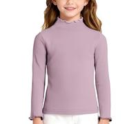 Haut à Manches Longues Fille Tricot côtelé Col Rond - Bord Lettuce Volants Épaules, Haut Mince Détendu Couches, Trendy et Doux pour Enfance Active(Dark Purple, 3-4 Years)