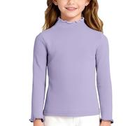 Haut à Manches Longues Fille Tricot côtelé Col Rond - Bord Lettuce Volants Épaules, Haut Mince Détendu Couches, Trendy et Doux pour Enfance Active(Purple, 5-6 Years)