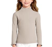 Haut à Manches Longues Fille Tricot côtelé Col Rond - Bord Lettuce Volants Épaules, Haut Mince Détendu Couches, Trendy et Doux pour Enfance Active(Khaki, 7-8 Years)